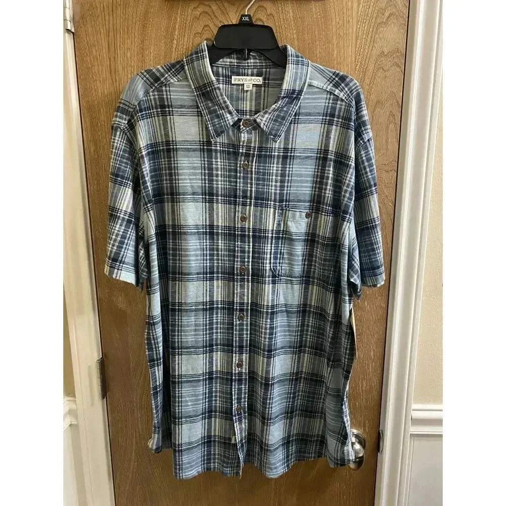 Frye And Co Men's XXL Short Sleeve Button Up  Blue Plaid Shirt New With Tags NWT